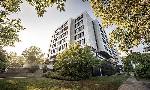 Klinisches großes Gebäude mit sieben Stockwerken steht in einer Grünanlage