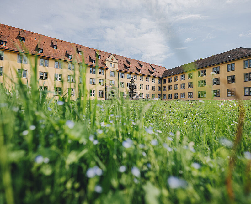 Mehrstöckiges Gebäude in L-Form, im Vordergrund ist eine große grüne Wiese zu sehen.